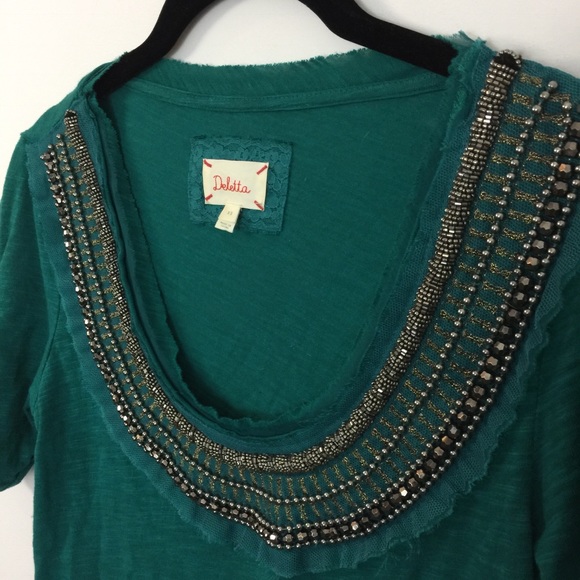 Deletta Teal Beaded Neck Short Sleeve Blouse Top - Picture 3 of 8